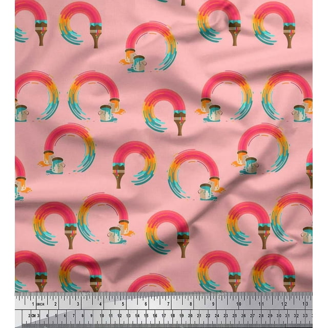 Soimoi Pink Rayon Crepe Fabric Paint Brush Abstract Print Fabric by Yard 46 Inch Wide