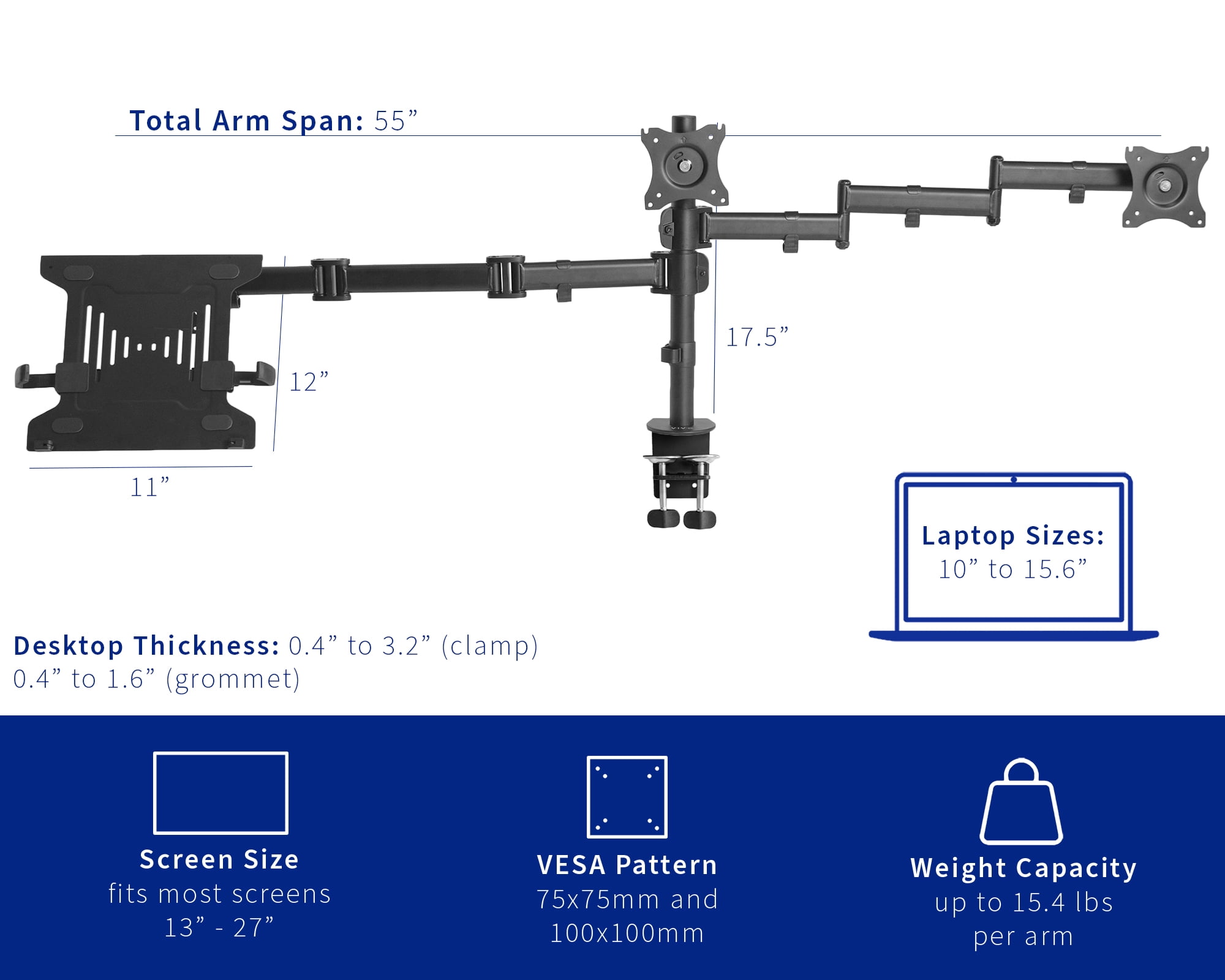 VIVO Dual 13" to 27" Monitor Mount with Laptop Holder, Horizontal Screen Display