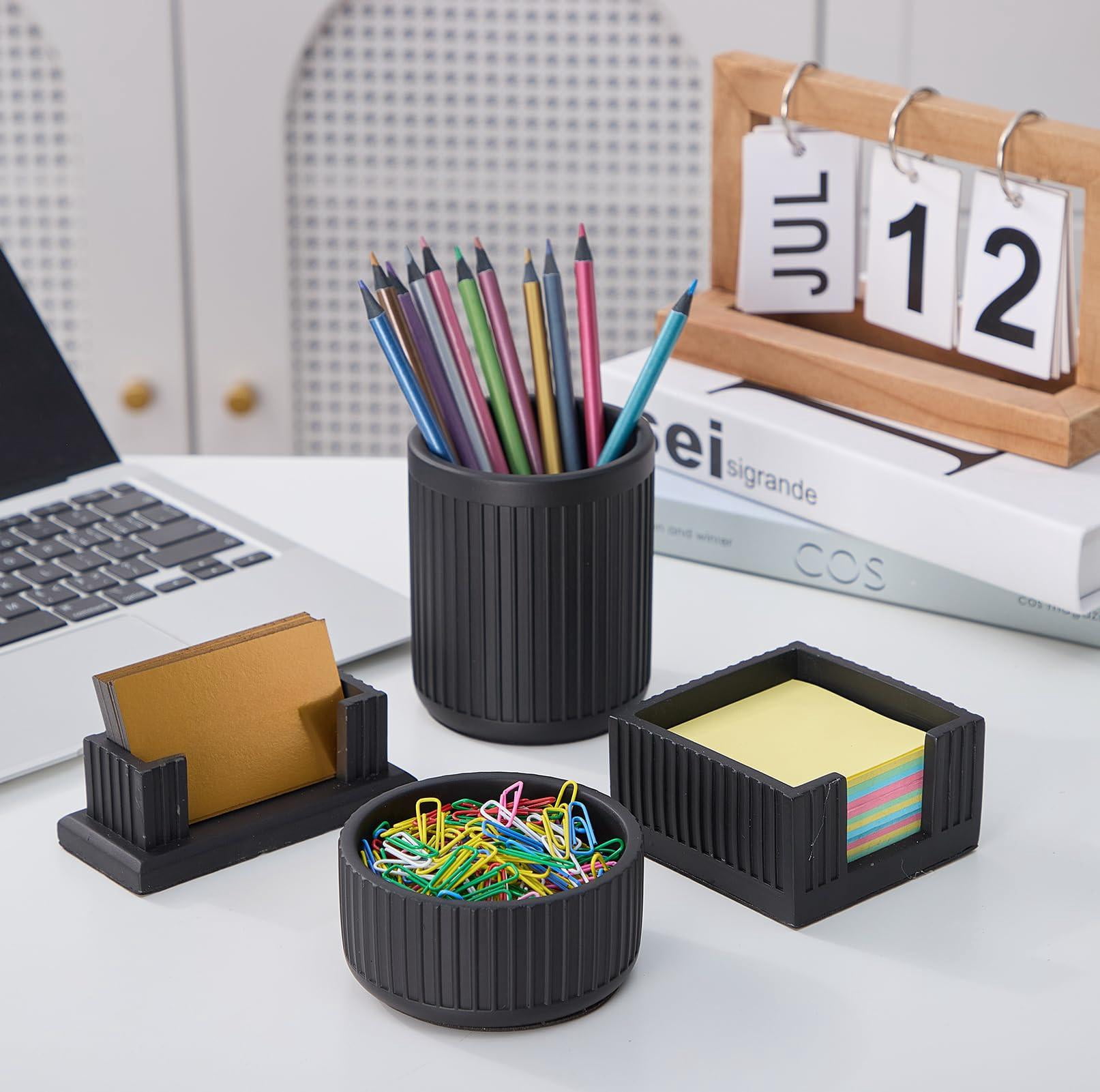 Set Of 4 - Concrete Desk Accessories For Modern  Industrial Minimalist Office Decor- Aesthetic Organizers Women Or Men- Pen Business Card Holder & Sticky Note Paper Clip