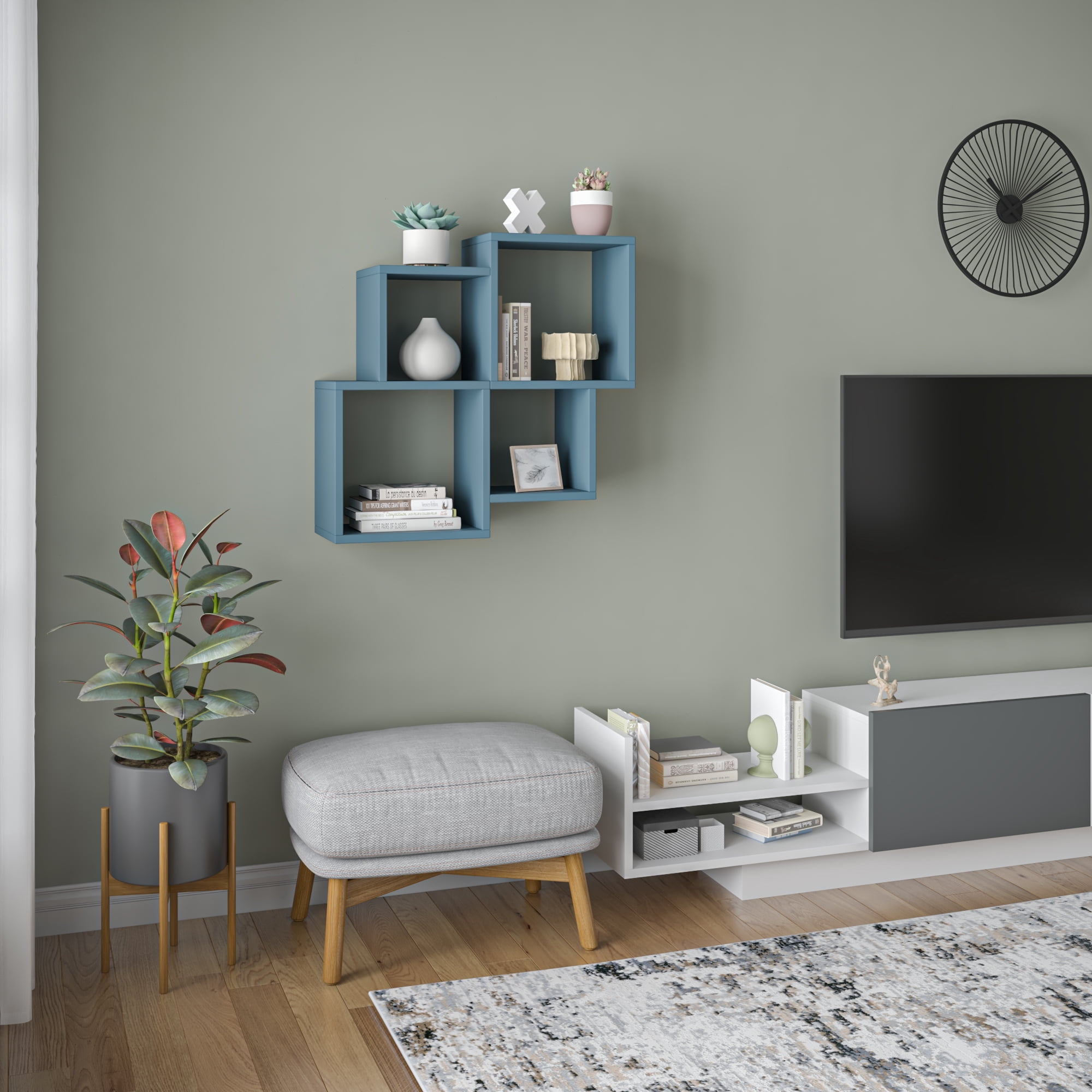 Ada Home Decor Furniture 39.37" 2 Tier Petrol Blue Watkins Modern Wall Shelf