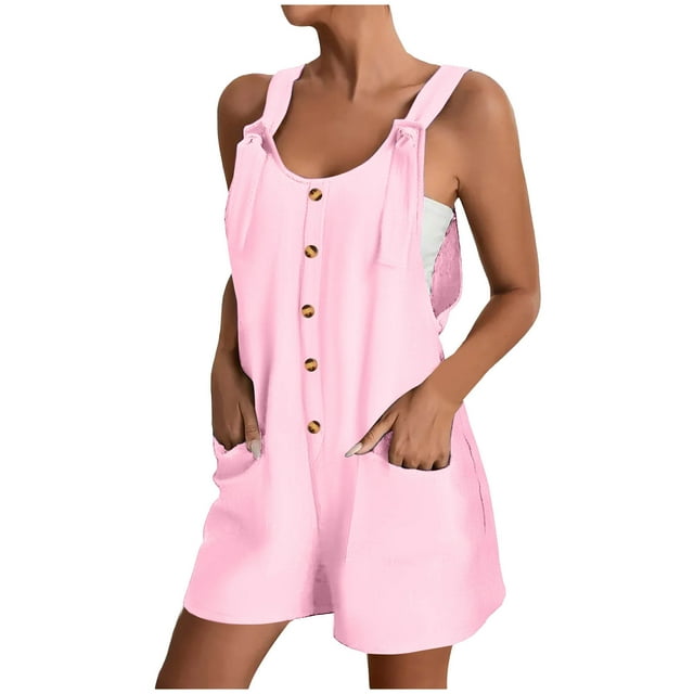 Women's Summer Casual Button Rompers - Sleeveless Loose Jumpsuit Shorts with Side Pockets for Outdoor, Party & Beach