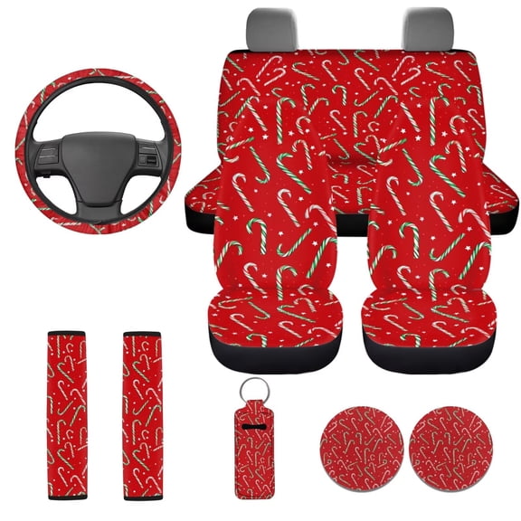 Uorisanigo Christmas Candy Print 10 Pack Car Accessories Set with Soft Anti-slip Car Seat Covers Auto Steering Wheel Cover Water Cup Coaster and Seat Belt Pads Keychains for Most Cars SUVs