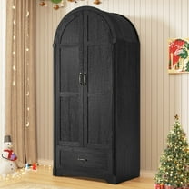 Arched Wardrobe Closet with LED Sensor Light & Hidden Mirror, Farmhouse Bedroom Armoire with Drawer, 71" Freestanding Closet with Hanging Rod