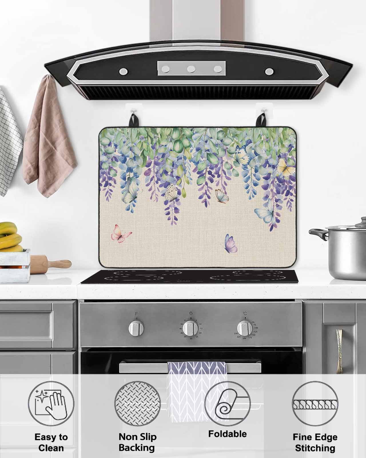 Large Induction Cooktop Protector Mat Wisteria Stove Top Covers for Electric Stove, Purple Flowers Leaves Butterflies Plants Spring Beige Decorative Stove Burner Cover Mats, Glass Top Stove Cover