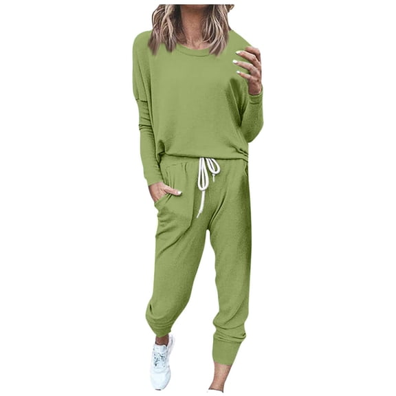 GILIGEGE Women's Two Piece Outfit Long Sleeve Crewneck Pullover Tops And Long Pants Tracksuit Sweatsuits With Sweatpants Green L
