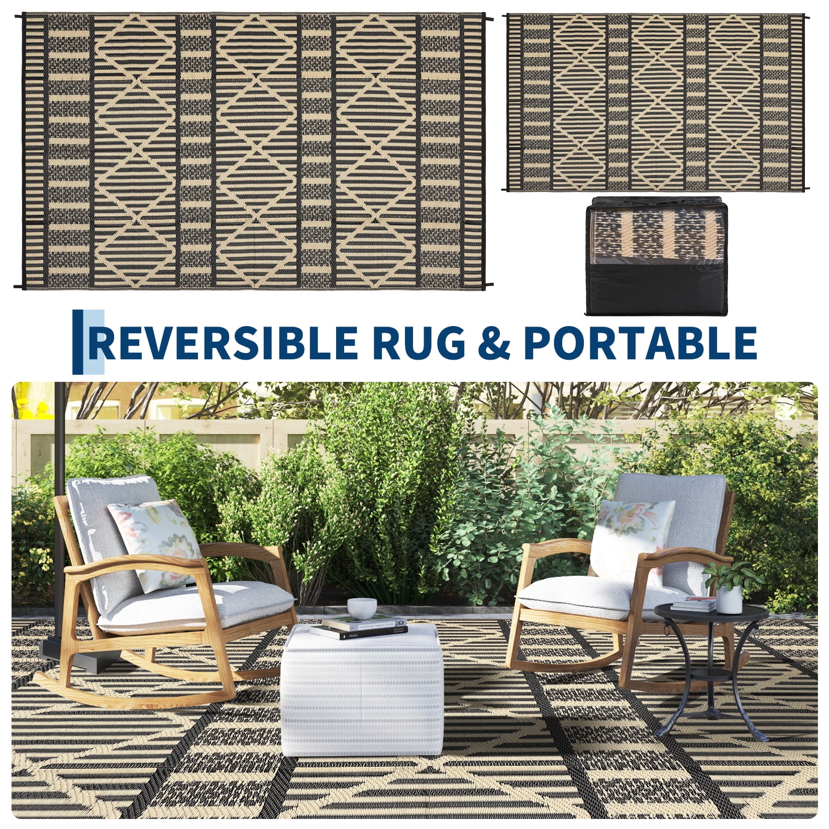 HIWEAVER 9' x 18' Brown/Black Outdoor Rug PP Plastic Straw Woven Waterproof Patio Rug with Border Portable Outside Carpet for Balcony Deck Picnic Garden Decor