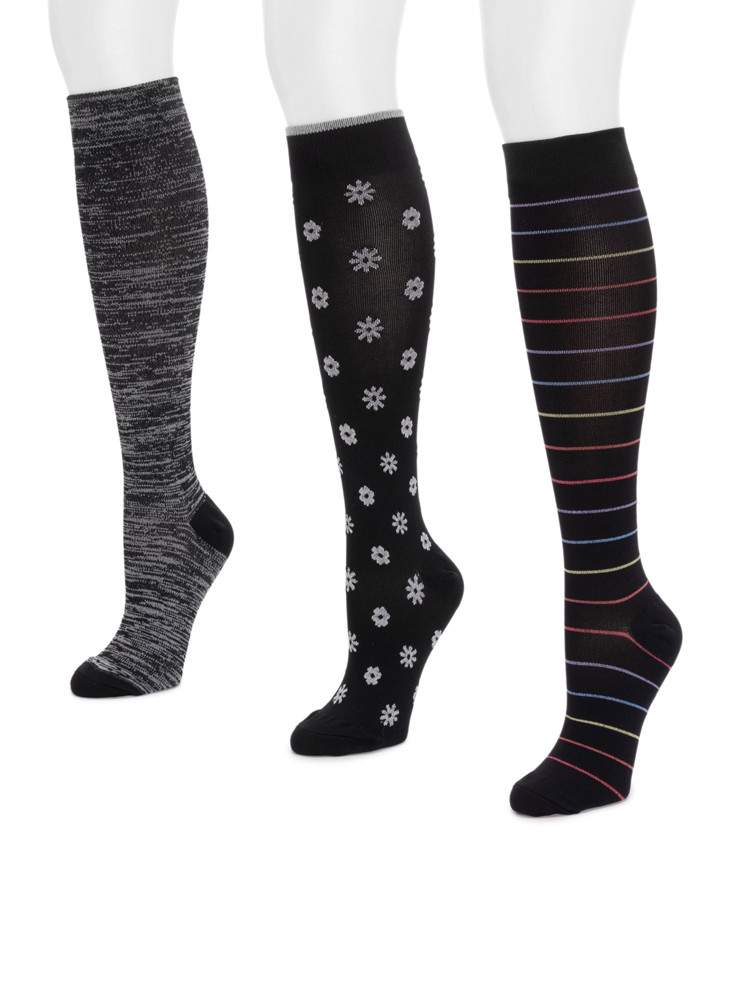 Muk Luks Women's Regular Width Nylon Knee-High Compression Socks, 3 Pair Pack
