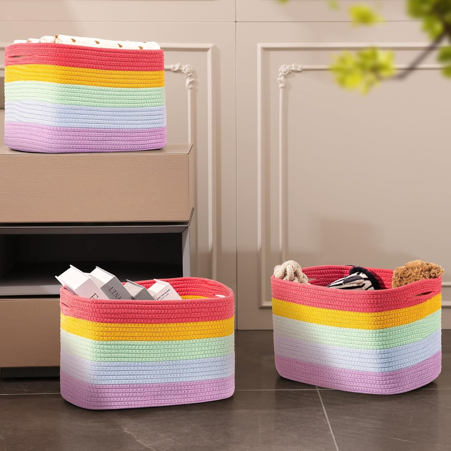 Rope Basket for Storage - 12”x10”x9” Storage Bins, Decorative Basket for Blankets, Woven Basket with Handles, Storage Baskets for Shelves, Home, Laundry (4 Pack, Rainbow)
