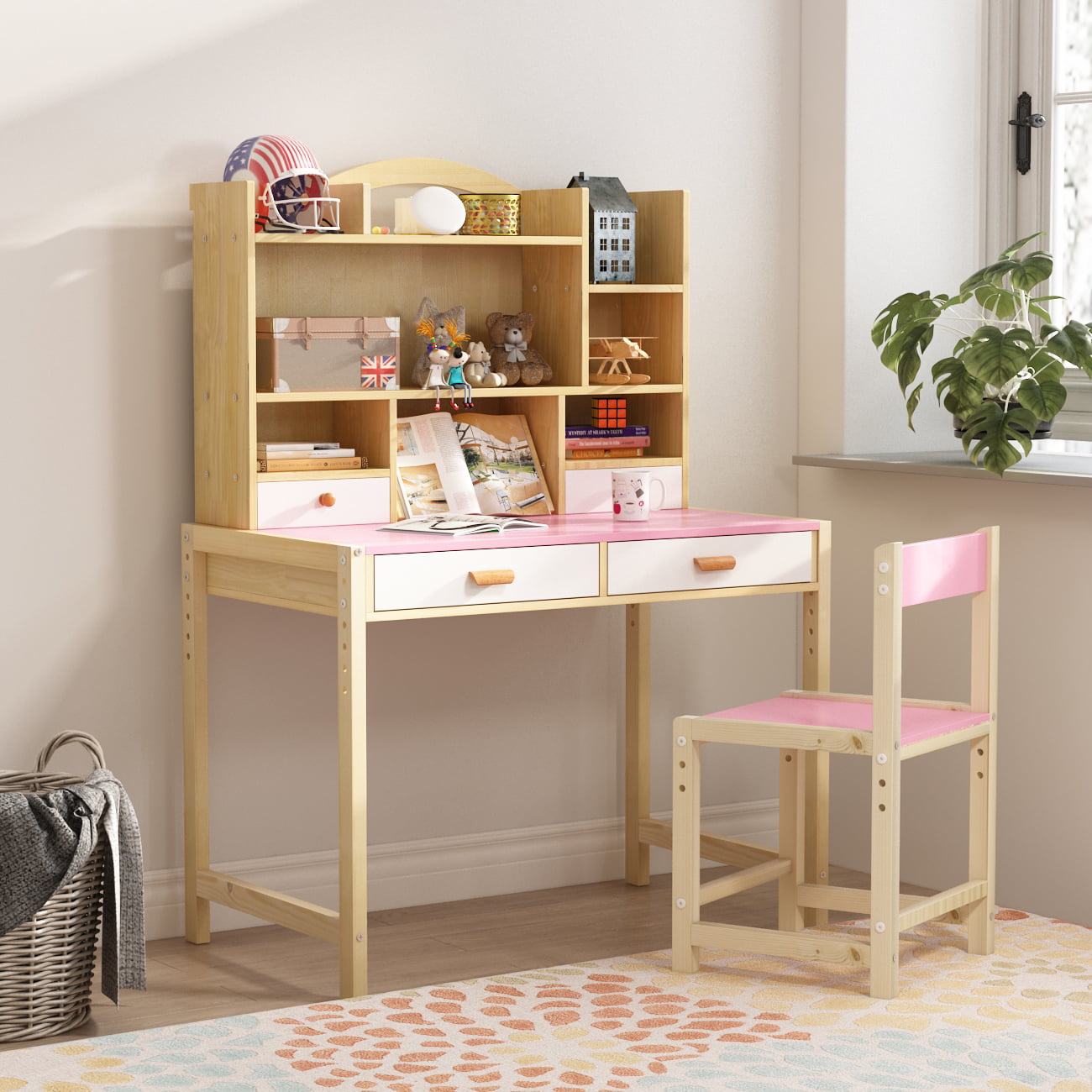 Height Adjustable Wooden Kids Desk And Chair Set With Drawers & Bookshelves 