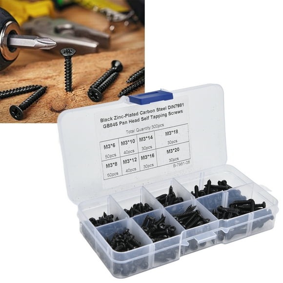 Garosa 300Pcs Self Tapping Screws Cross Pan Head Combination Set Assortment Kit Carbon Steel M3 Black,Screw Assortment Kit,Cross Pan Head Screws