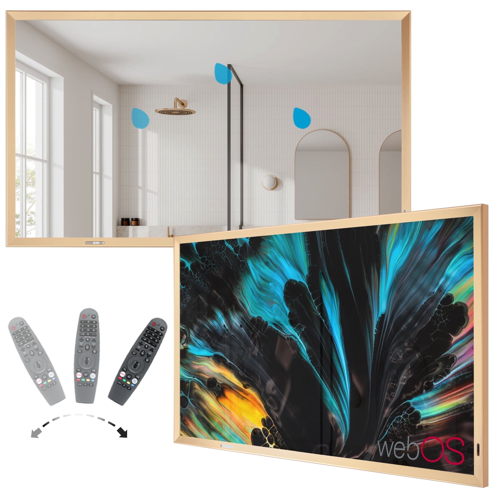 43-Inch Smart Mirror TV – Gold Aluminum Art Frame –4K UHD Waterproof Display, Elegant Two-in-One TV and Mirror for Bathroom, Home or Commercial Use