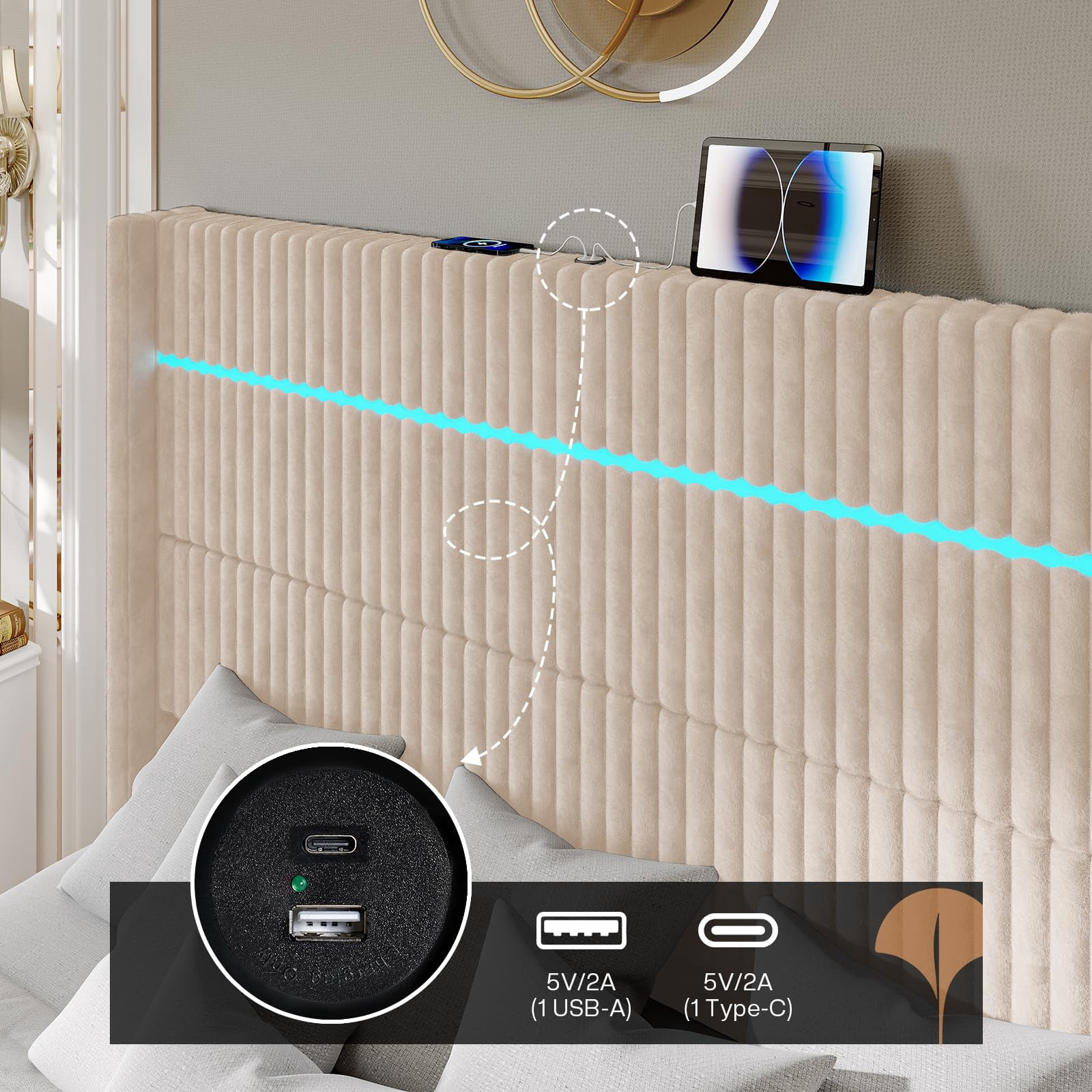 VanAcc Queen Bed Frame with LED Lights Charging Station, Corduroy Upholstered Platform Bed Frame with 60" Tall Wingback Headboard/Beige