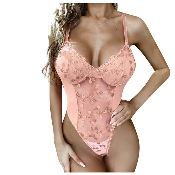 YDKZYMD Pink Lingerie For Women Sexy Teddy Snap Crotch See Through Lace 