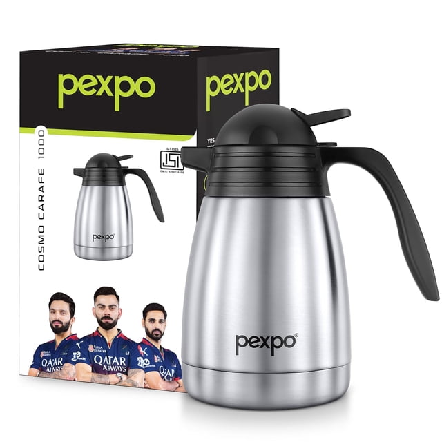 Cosmo Stainless Steel Thermal Carafe With Lid - 1000ml, Silver | Double Walled Vacuum Insualted Coffee Tea Carafe - Heat & Cold Retention, Durable, Reusable
