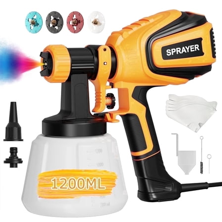 Tawom Paint Sprayer,700W Electric HVLP Spray Gun 1200ml High Capacity Container,4 Nozzles 3 Patterns for House Painting, Furniture, Fence, Walls, Yellow