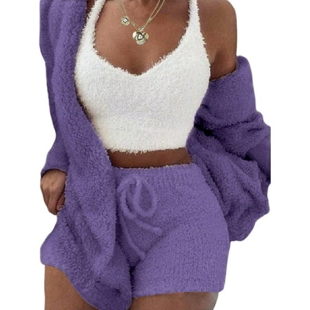 

Lumento 3pcs Women Plush Pajamas Set Crop Top Cardigan and Shorts Sleepwear Jersey Lounge Set