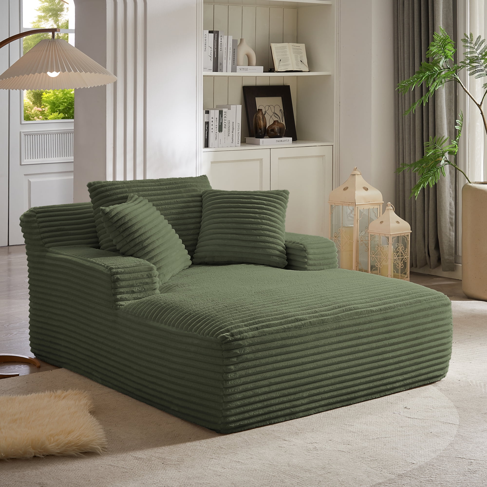 Leumius Oversized Chaise Lounge Chair Indoor,Modern Corduroy Deep Seat Chaise Lounge with 3 Throw Pillows, Square Arm Boneless Floor Sofa,Lazy Sofa for Living Room Bedroom,No Assembly,Green