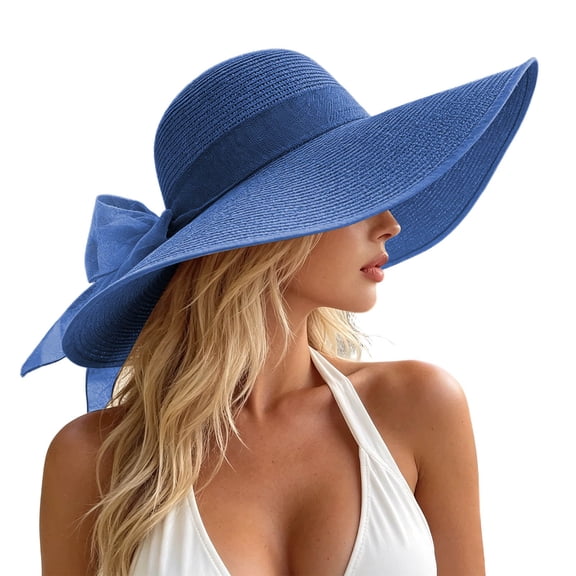 Fewfanhot Women Wide Floppy Brim Straw Sun Hat, UPF Foldable Beach Hat with Satin Bow Decor for Travel Pool