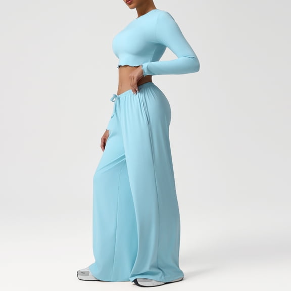 PISONIC Women's 2 Piece Lounge Sets Long Sleeve Crop Tops and Wide Leg Pants Set Matching Travel Airport Outfit