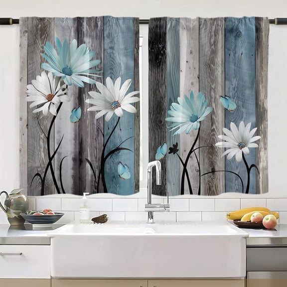 White and blue daisy vintage wood grain curtains, light blue farmhouse wood floral short café curtains, rustic floral butterfly curtains, suitable for cafés, kitchens / living rooms, 28x36in