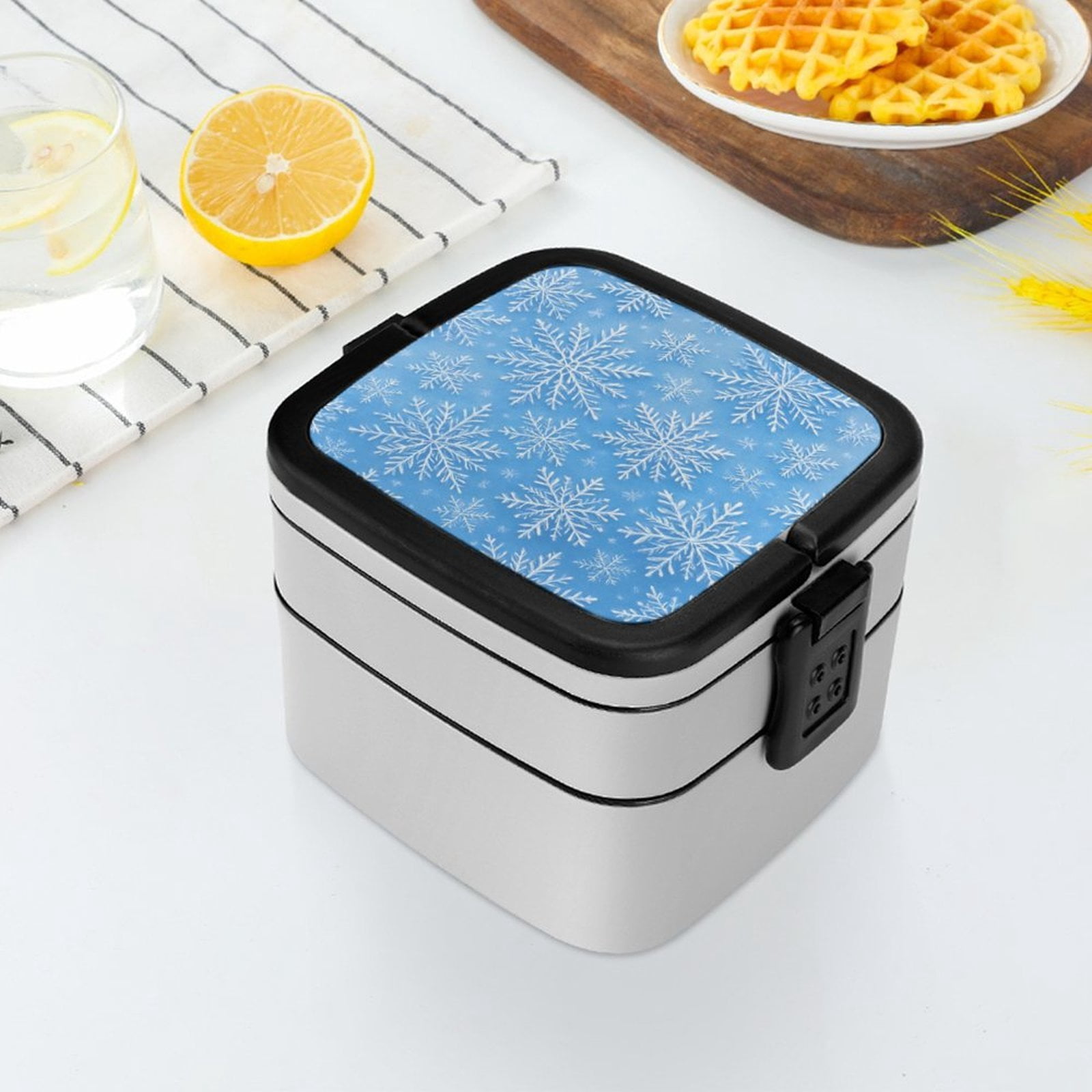 5.3×4.3in Double-Layer Bento Box Sealing Leakproof Partition Design Buckle Design Convenient Switch With Handle Winter Snowflake Pattern