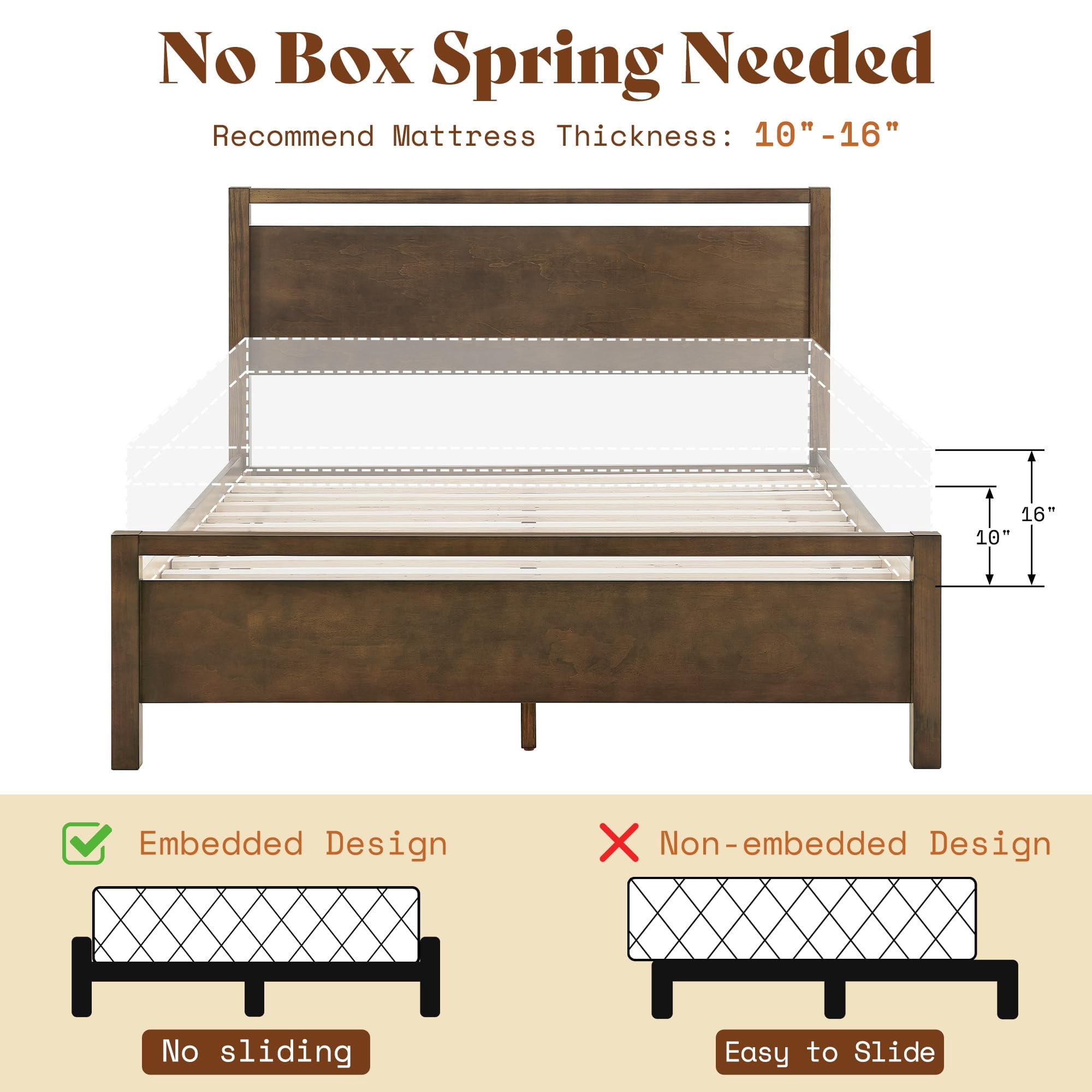 Papajet King Size Solid Wood Bed Frame with Headboard, Minimalist Platform Bed with Wood Slats Support, Easy Assembly, Noise-Free, Dark Brown