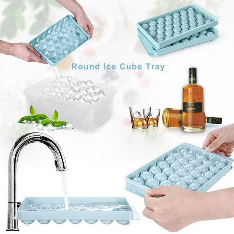 Round Ice Cube Tray with Lid,Plastic Ice Cube Mold,Refrigerator Spherical  Ice Box,Mini Ice Mold Kitchen Tools,4Pcs,Blue 