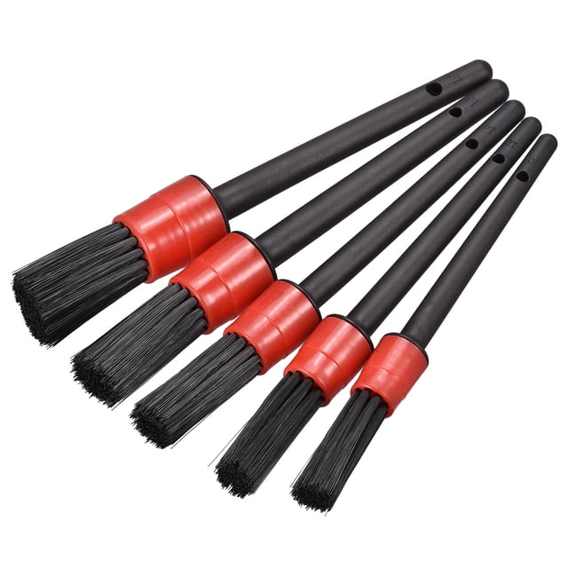 Unique Bargains Detailing Brush Set, Nylon Cleaning Tool Black Red Handle 5 Sizes 5in 1Set