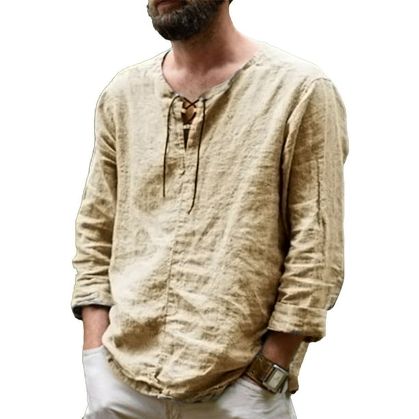 Men Cotton Linen Shirt Autumn Fashionable Casual Loose Drawstring Men