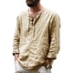 thumbnail image 1 of Camisa de lino de algodón para hombre, camiseta holgada informal de moda de otoño con cordón para hombre, camiseta de manga larga de Color puro para playa, Yoga, caqui M, 1 of 7