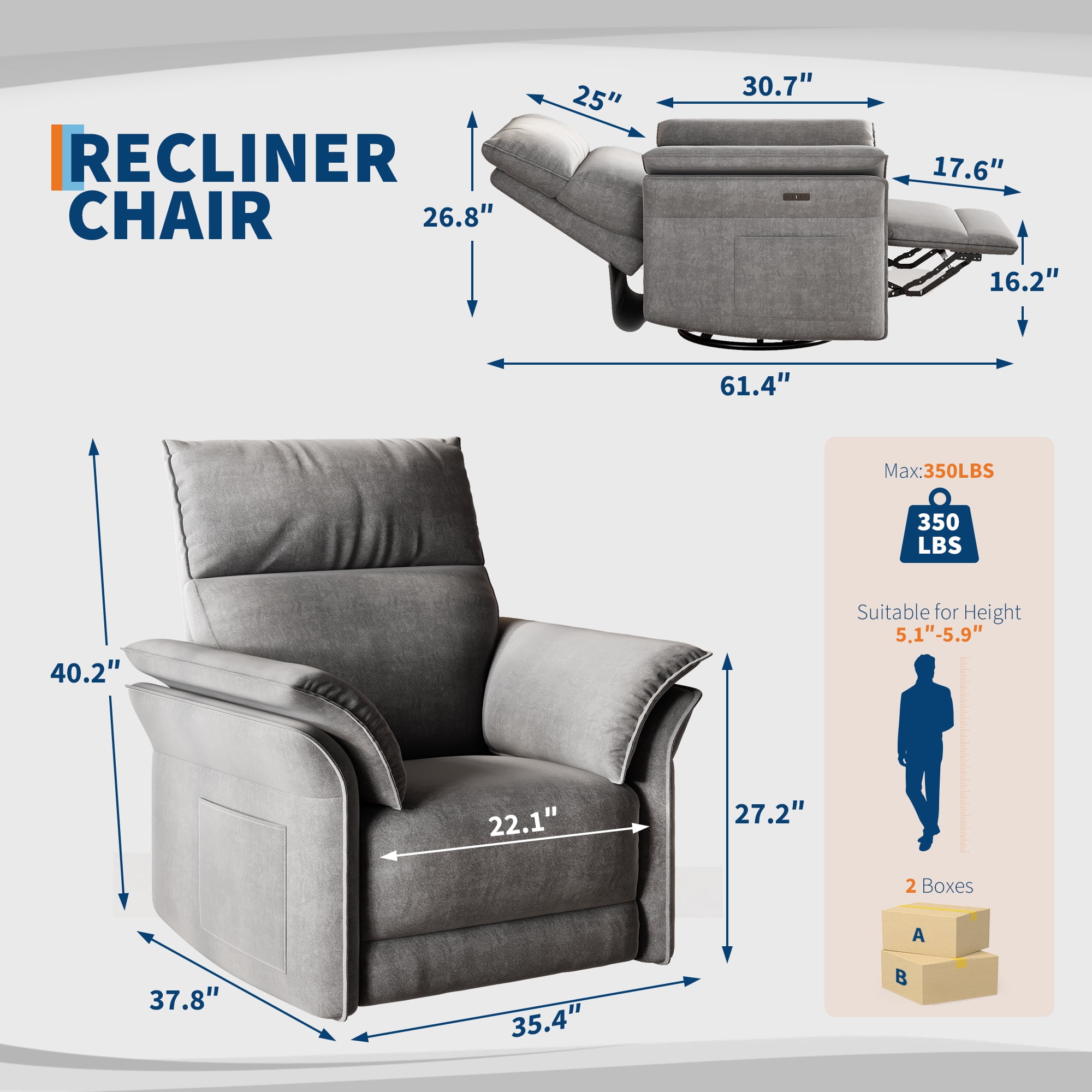 Power Recliner Chair Glider – Swivel Rocker with USB Charging Port, 270° Rotation, 350 lb Capacity, & Double-Layered Armrests – Chenille Upholstery for Living Room, Nursery, Bedroom