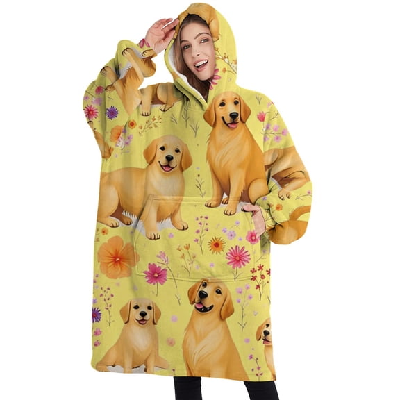 Oversized Wearable Blanket Hoodie,Golden Retrievers and Pioneer Flower Sherpa Blanket Hoodie with Super Pockets,Super Warm Fuzzy Pullover for Women & Men