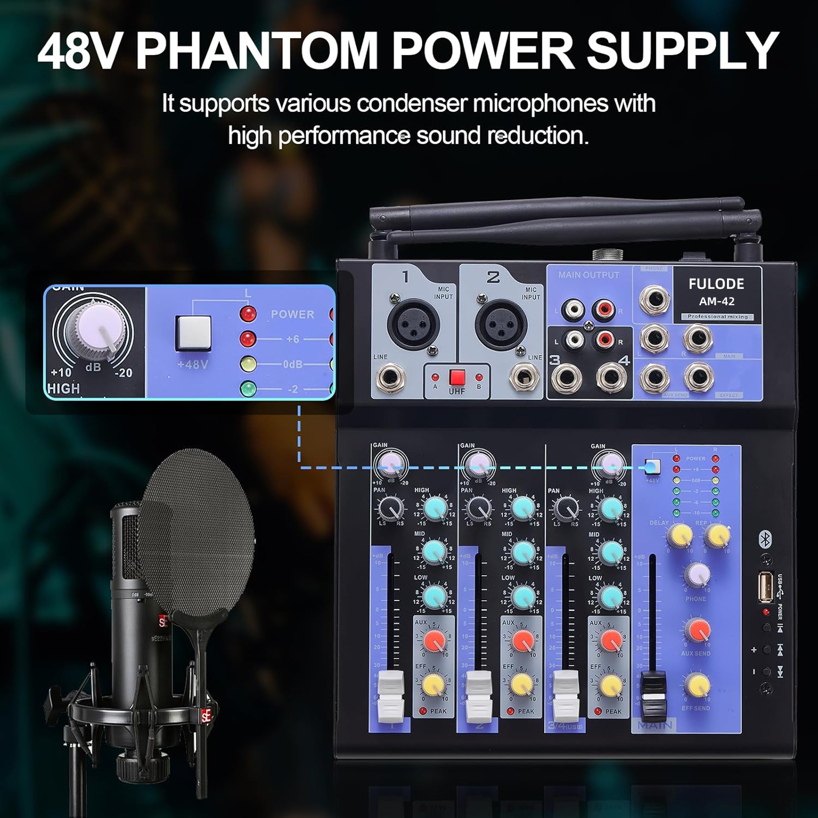 FULODE  Audio Mixer with Dual Wireless Mic, 4 Channel Mixer Board Sound Board DJ Mixer Console System MP3 Bluetooth 48V Phantom Power USB Interface for Home Karaoke Party