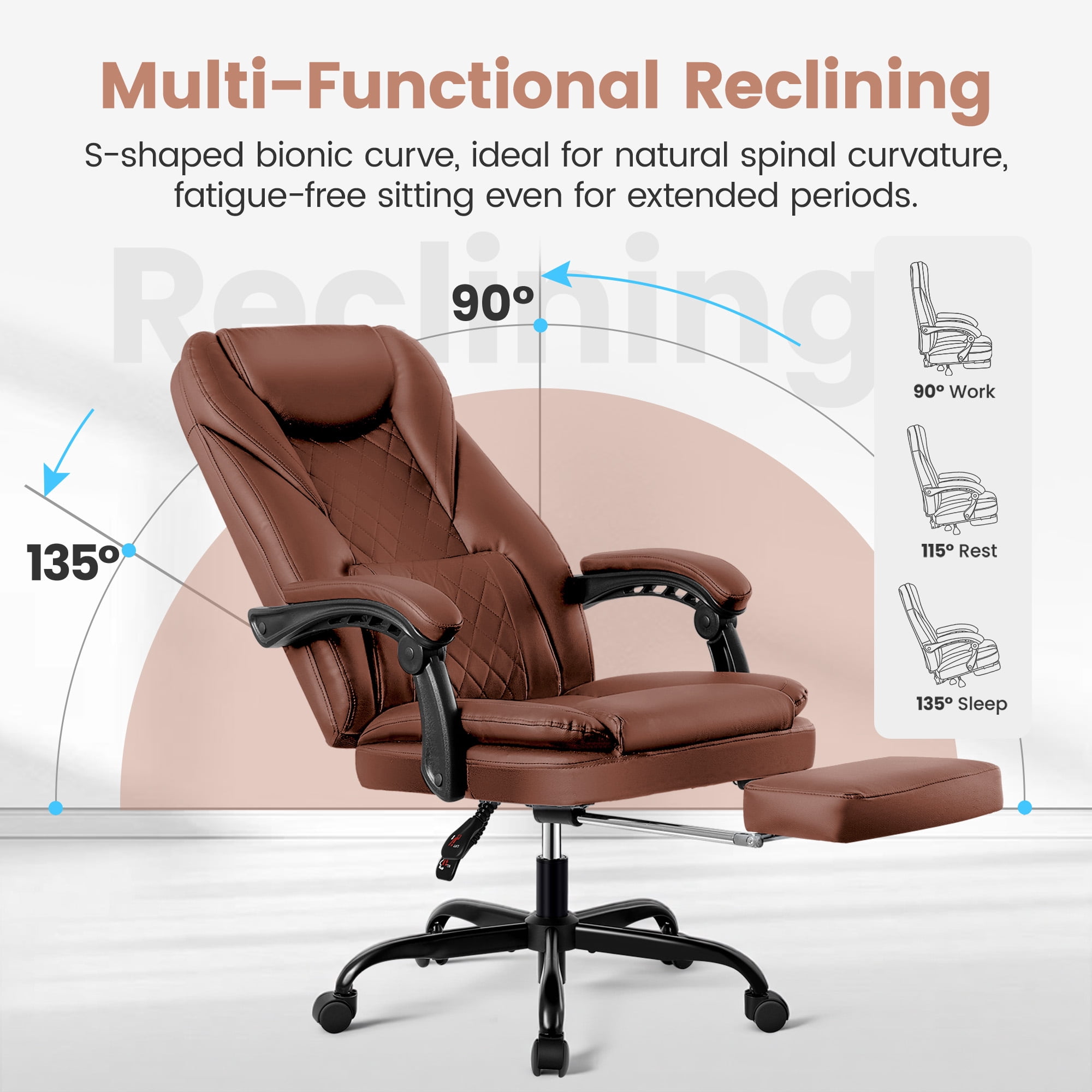 COOLHUT Executive Office Chair, Big and Tall Office Chair with Footrest Reclining Faux Leather Chair High Back Lumbar Support Ergonomic Office Chair with Padded Armrests, Brown