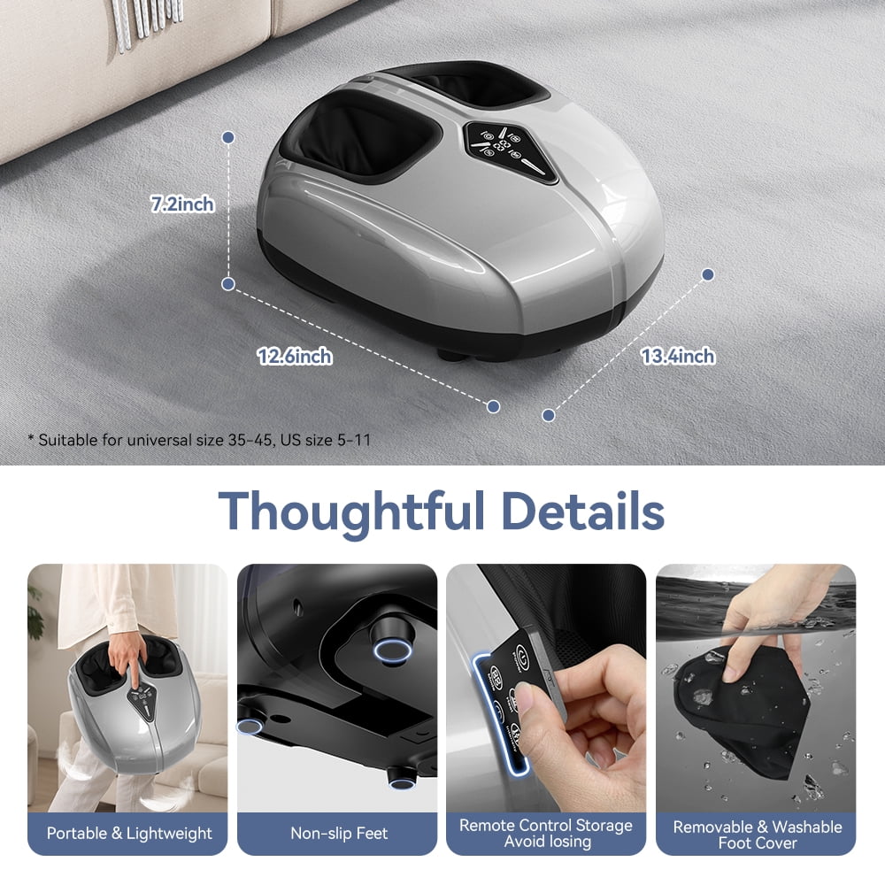 Foot Massager with Heat, Caveen Shiatsu Feet Massager Machine with 4 Modes & 5 Intensities, Auto-off Timers, Relax for Home or Office, Silver