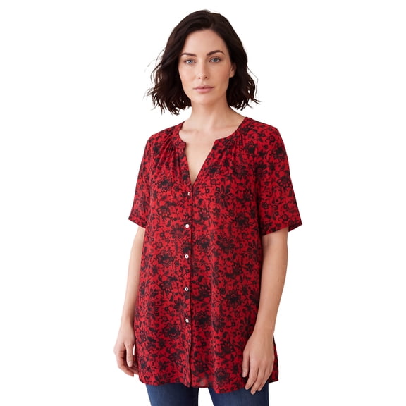 Roaman's Women's Plus Size Angelina Crinkle Crepe Y-Neck Short Sleeve Tunic