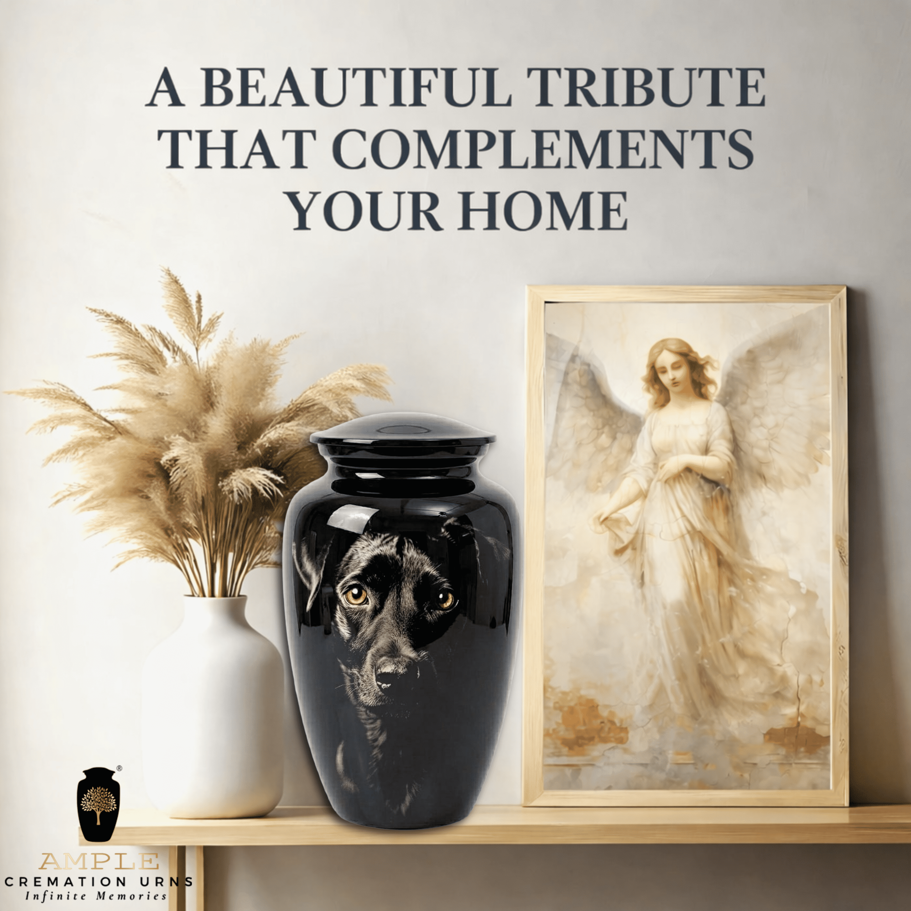 Black Dog Cremation Urn for Pet Ashes – Glossy Aluminum Memorial Urn Realistic Portrait