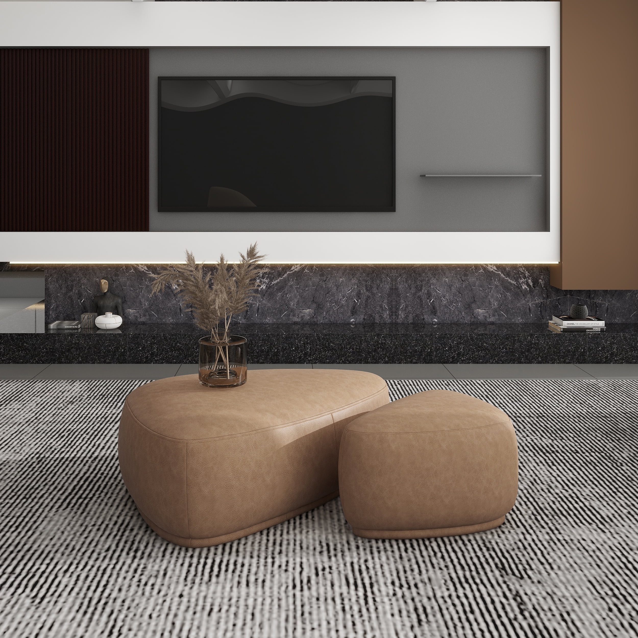 Jennifer Taylor Home Pebble 44" & 26" Rounded Triangle Cocktail Ottoman Set, Tuscan Tan Brown Top Grain Leather
