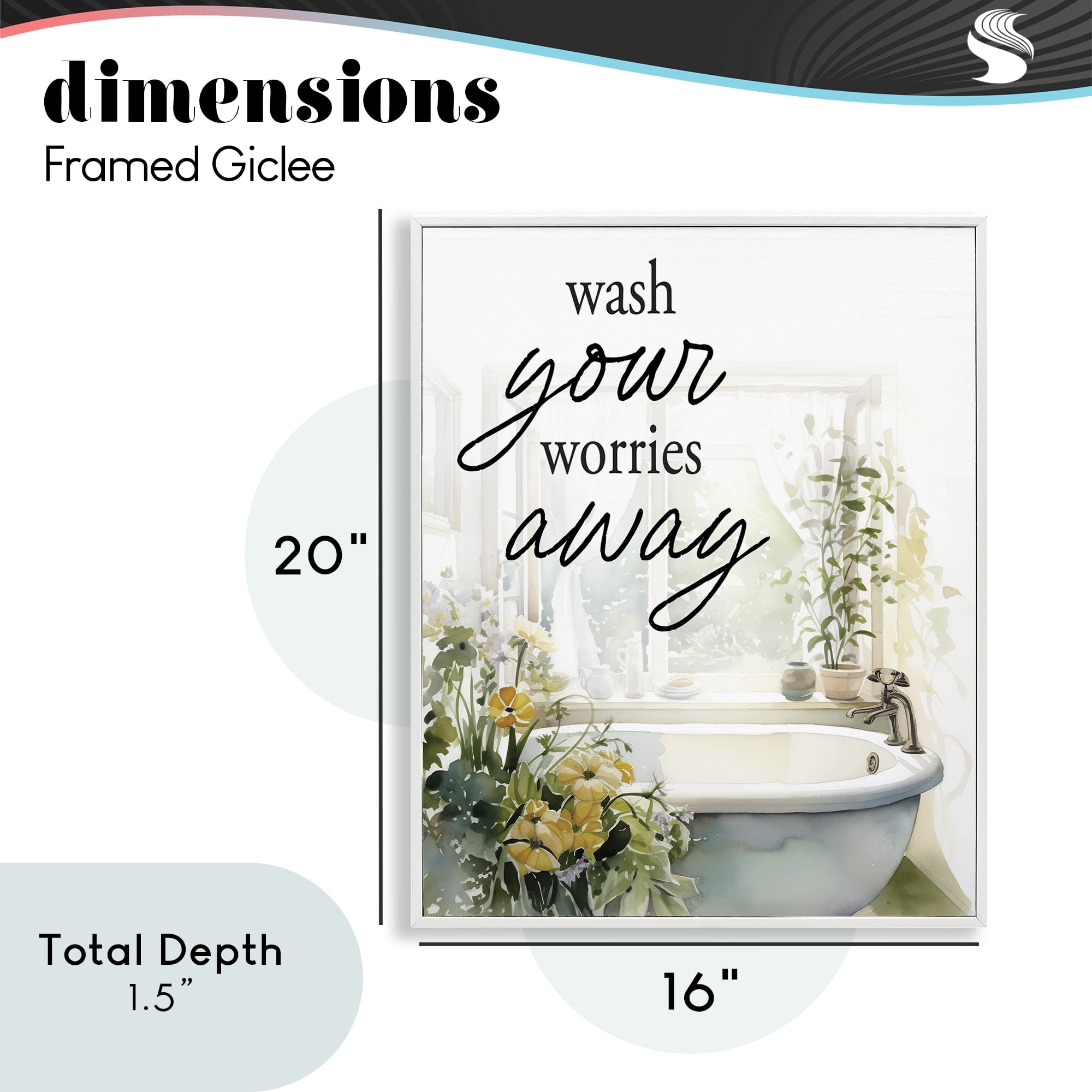 Wash Worries Away Sunlit Bath White Framed Giclee Art, design by Lettered and Lined
