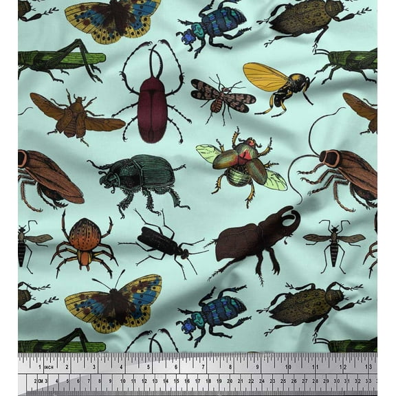 Soimoi Green Cotton Duck Fabric Beetle & Honey Bee Insects Printed Fabric 1 Yard 42 Inch Wide