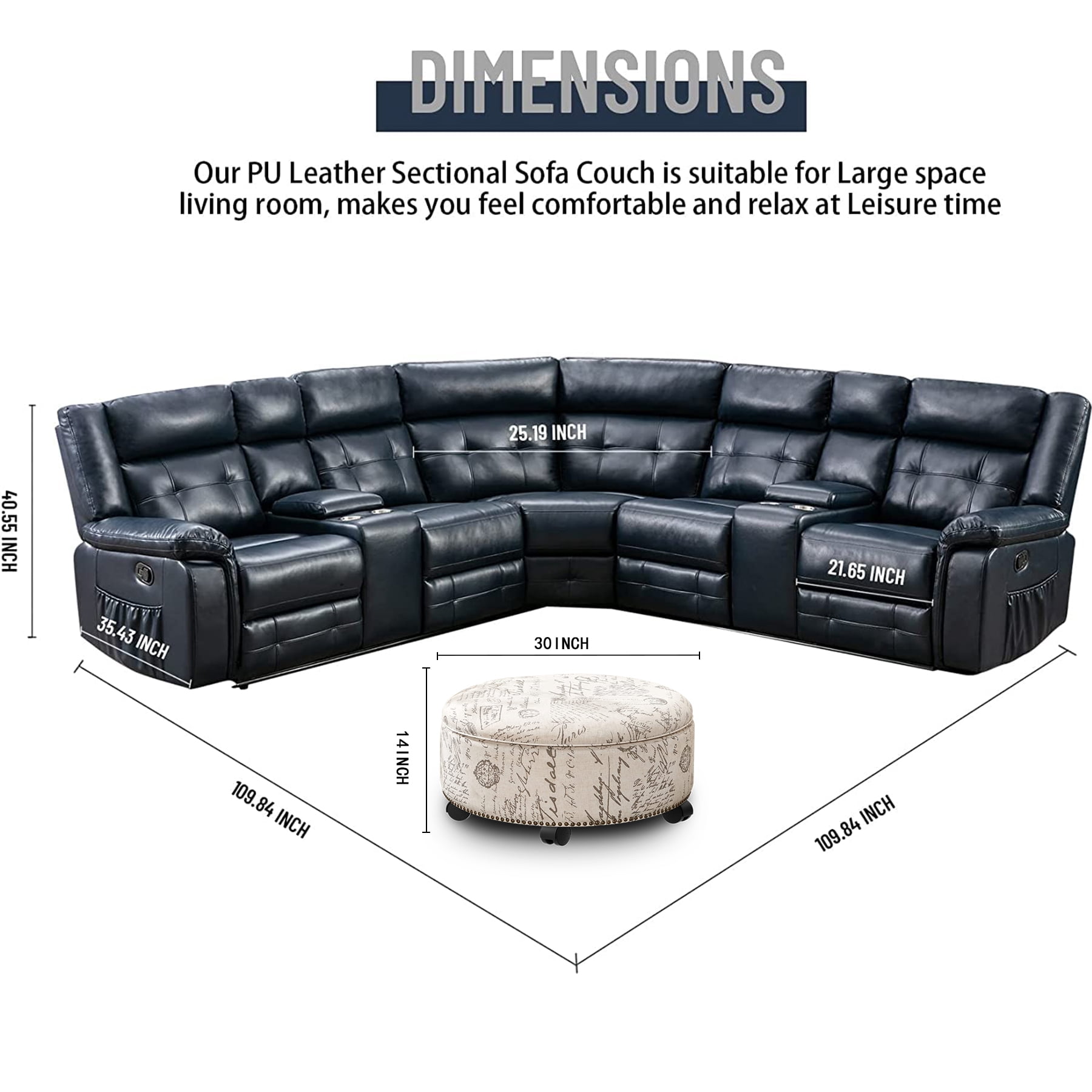 Nathaniel Home Modern Bonded Leather Reclining Sectional Sofa Living Room Set Deep Blue