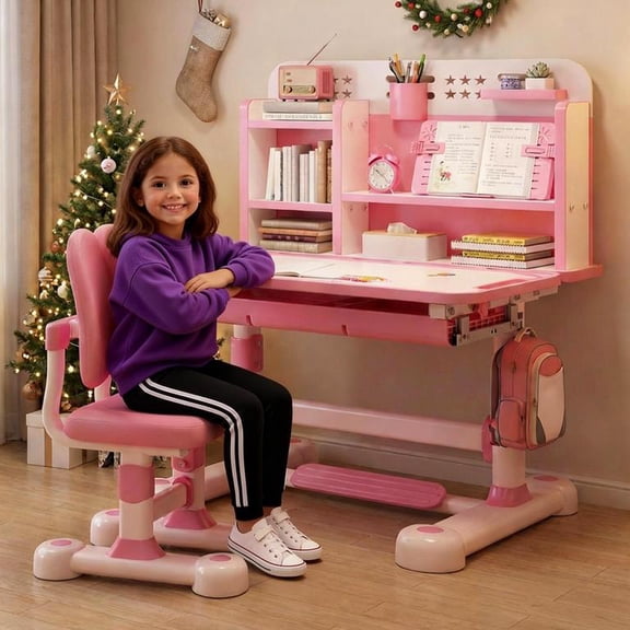 YNCE Kids Multifunctional Desk and Chair Set, Height Adjustable Children School Study Desk with Large Tilt Desktop, Hook and Storage Drawer for Boys Girls Birthday Gift