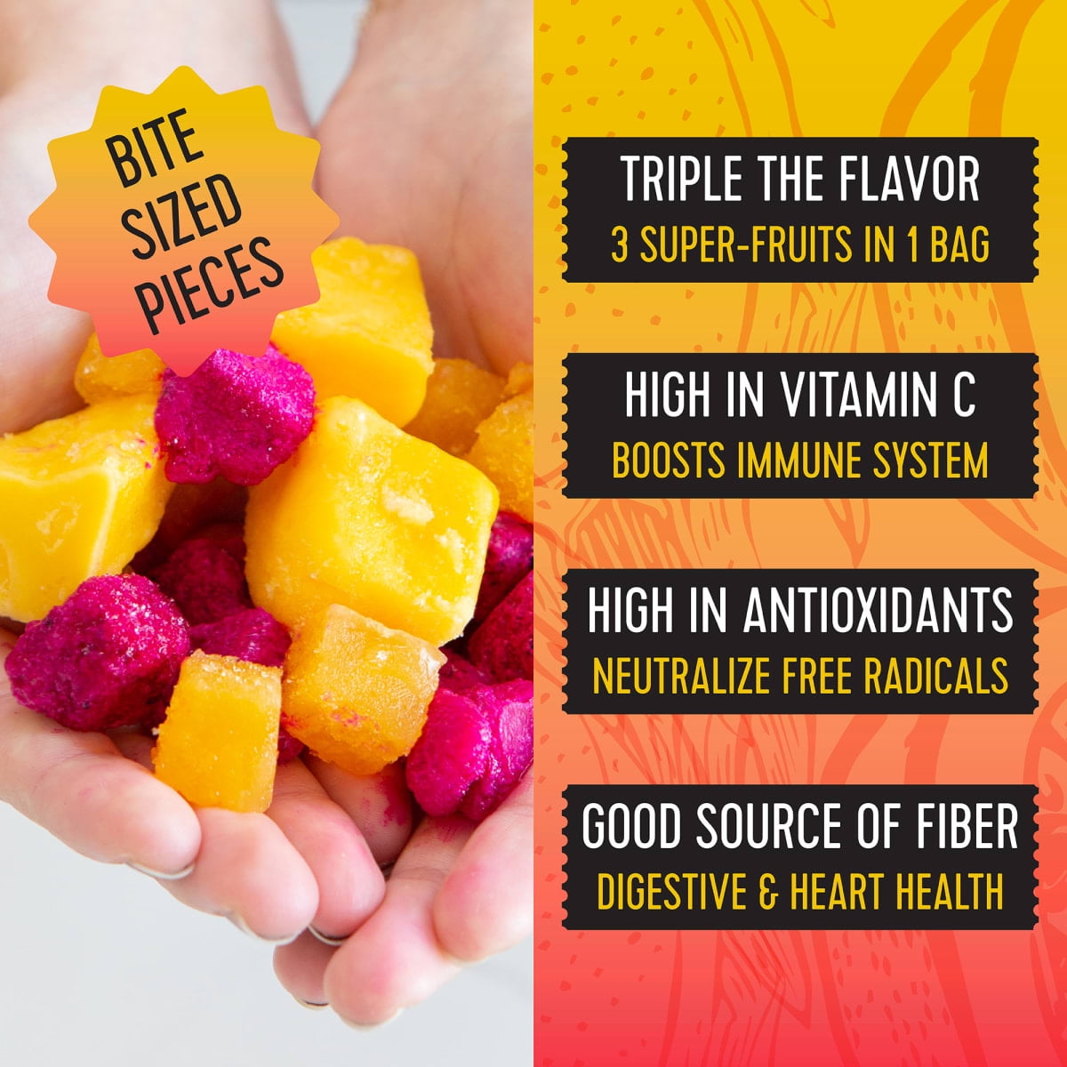 Pitaya Foods Bite-Sized Immunity Frozen Fruit Blend, Dragon & Passion Fruit, and Mango, 12 oz