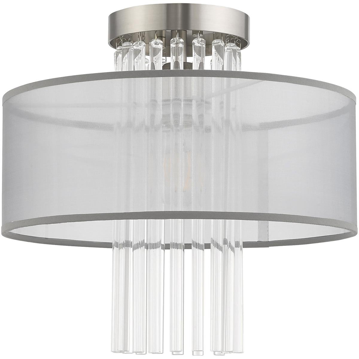 1 Light Brushed Nickel Ceiling Light fixture with Clear Crystal Rods/ Hand Crafted Translucent Gray Fabric Shade
