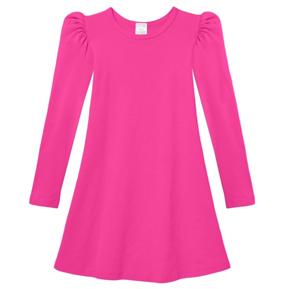 Girls Soft Cotton Puff Long Sleeve Dress | Hot Pink