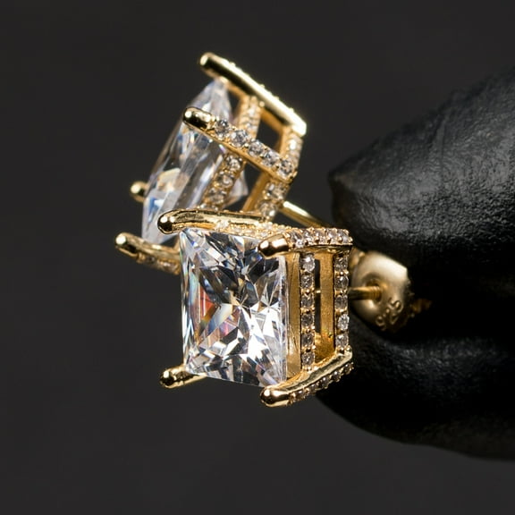 Men's Large Square Yellow Gold Plated 925 Sterling Silver 3D Unisex Iced 5A Cz Micro Pave Big Square Shape Princess Cut Hip Hop Screw Back Stud Earrings Jewelry Gifts For Men Women