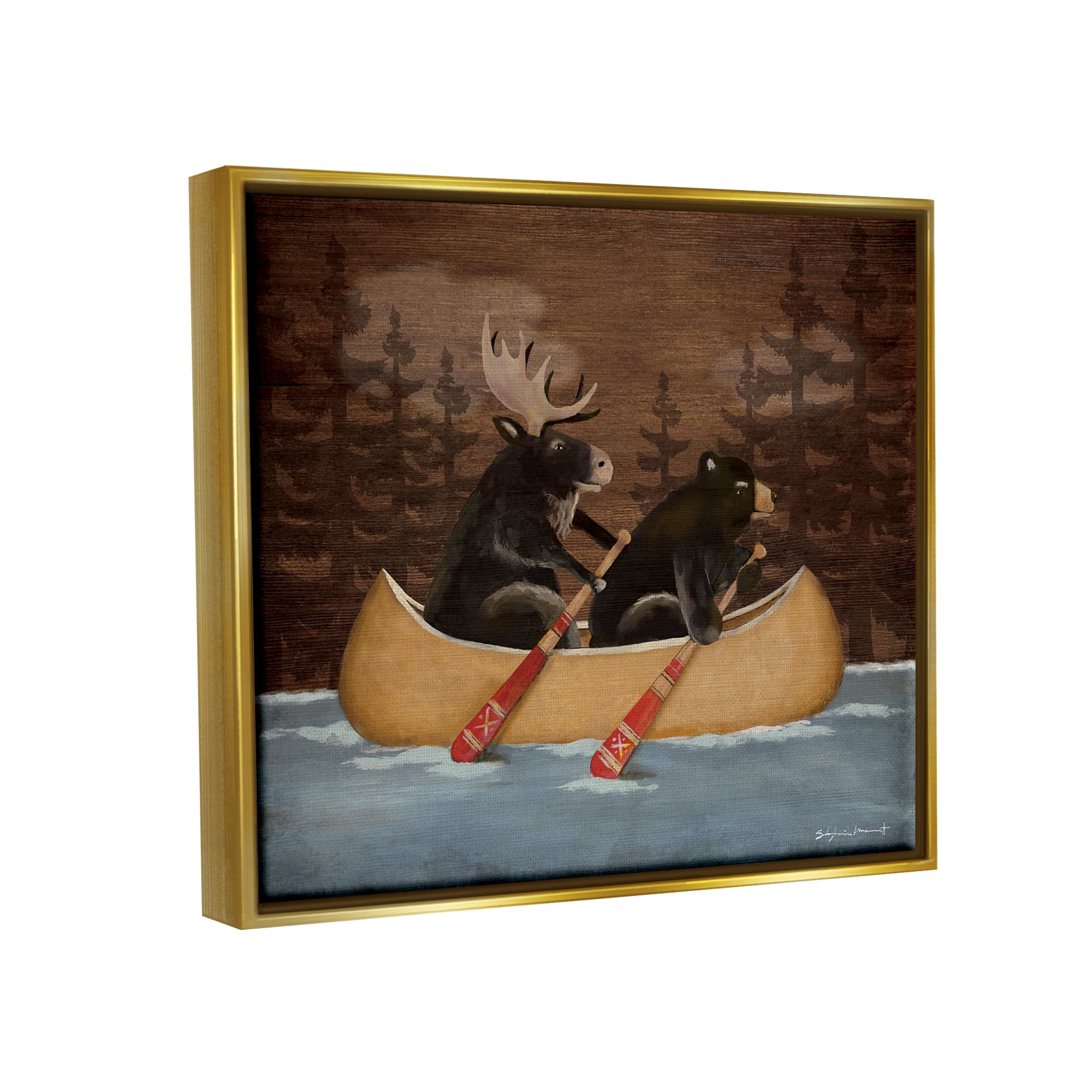 Stupell Canoeing Animals Rustic Woodland Transportation Painting Gold Floater Framed Art Print Wall Art