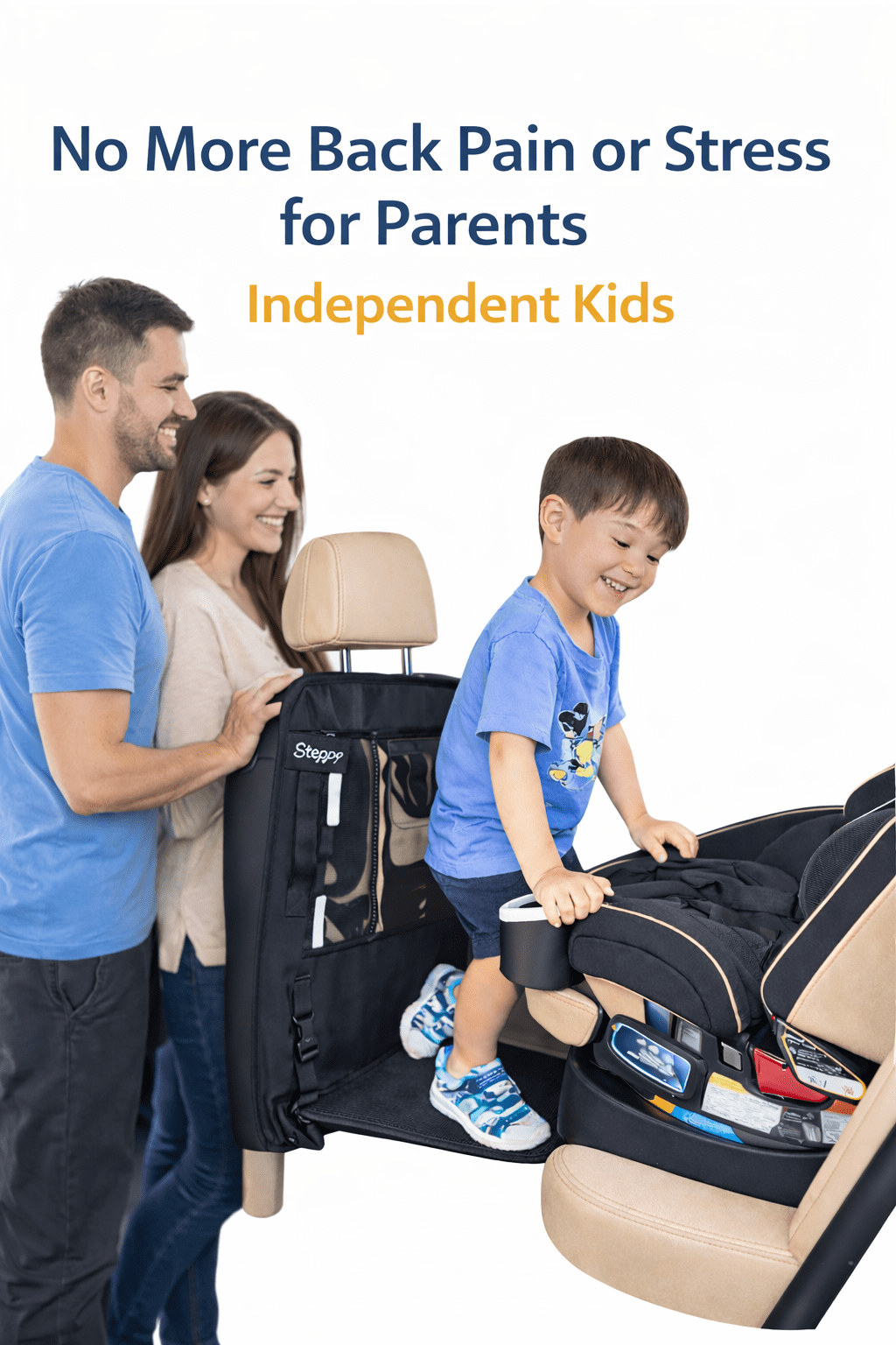Steppy, car seat step for kids ages 2-7 years old, holds up to 60 lbs, foot rest, protector mat, oxford material, tablet holder