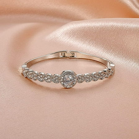 Heart Flat Round Charm Bracelet Alloy Steel with Rhinestones Bangle Bracelet for Women Birthdays Anniversaries 7 inches White Gold Platinum