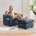 thumbnail image 3 of LAZZO Leather Ottoman, Square Faux Leather Bench with Extra Deep Cushion, Multi-Functional Footrest & Extra Seating for Living Room Bedroom, Blue, 3 of 3